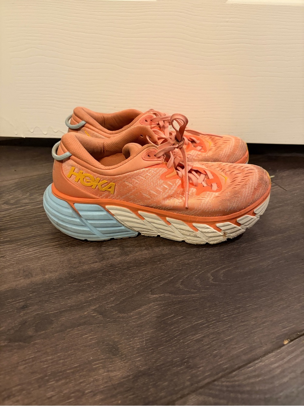 Hoka Coral and Light Blue Cushion Running Shoes